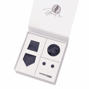 Set Cravate Assorti Bleu Marine à Pois Blanc