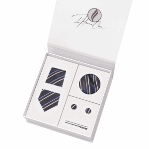 Set Cravate Assorti Grise à Rayure Blanche et Bleue
