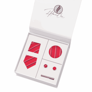 Set Cravate Assorti Rouge à Rayure Blanche et Bleue