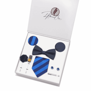 Set Cravate Composé Bleue Marine avec Cravate Bleue Clair à Rayure