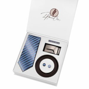 Set Cravate Bleu à Rayure Grise et Ceinture Marron