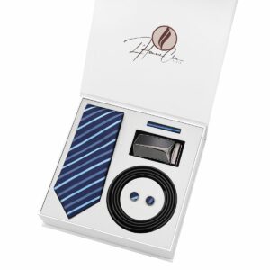 Set Cravate Bleu à Rayure et Ceinture Noir