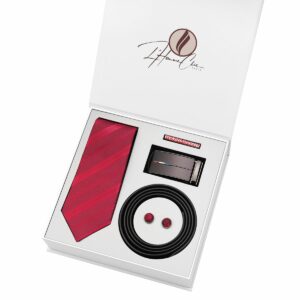 Set Cravate Bordeau à Rayure et Ceinture Noir