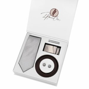 Set Cravate Gris Uni et Ceinture Marron