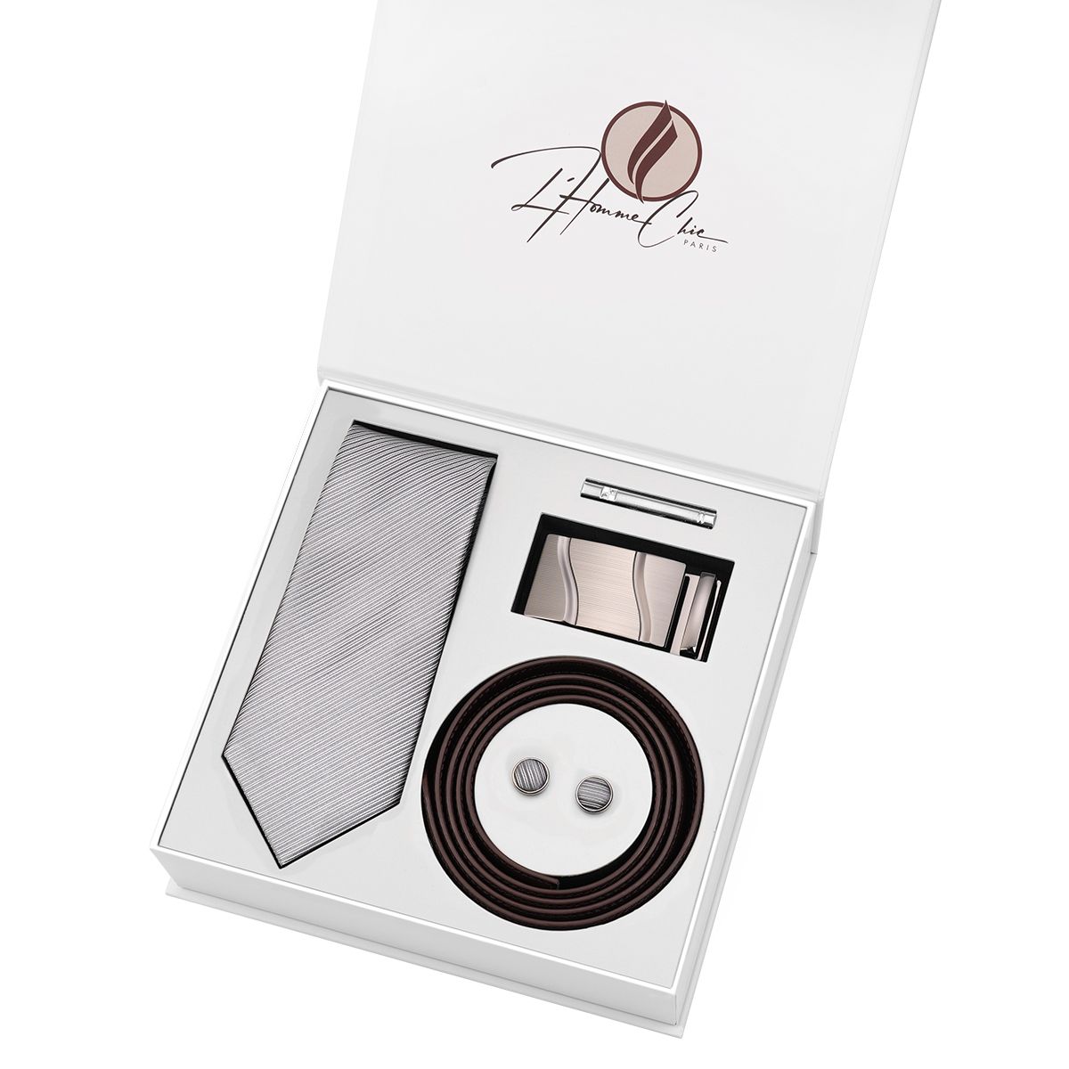 Set-Cravate-Gris-Uni-et-Ceinture-Marron-l-homme-chic-pari