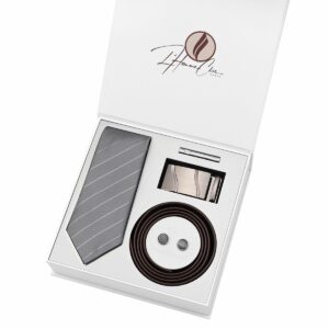 Set Cravate Gris à Rayure et Ceinture Marron