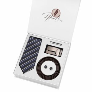 Set Cravate Grise à Rayure bleu et Ceinture Marron