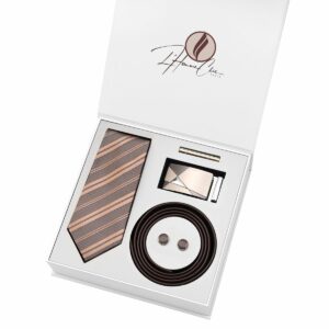 Set Cravate Marron à Rayure et Ceinture Marron