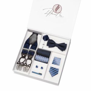 Set Cravate, Noeud-Papillon et Bretelle Bleue à Rayure Grise