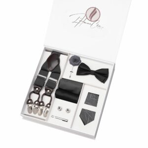 Set Cravate, Noeud-Papillon et Bretelle Gris Rayé Noir