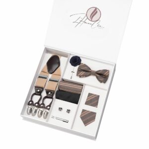 Set Cravate, Noeud-Papillon et Bretelle Marron Rayée