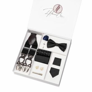 Set Cravate, Noeud-Papillon et Bretelle Noir à Rayure