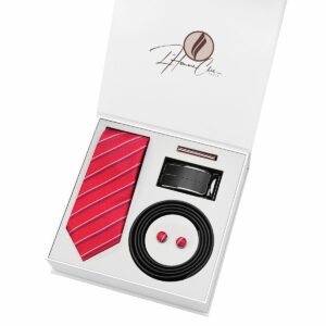Set Cravate Rouge à Rayure Blanche et Ceinture Noir