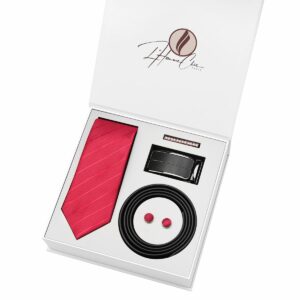 Set Cravate Rouge à Rayure et Ceinture Noir