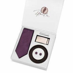 Set Cravate Violet Uni et Ceinture Marron
