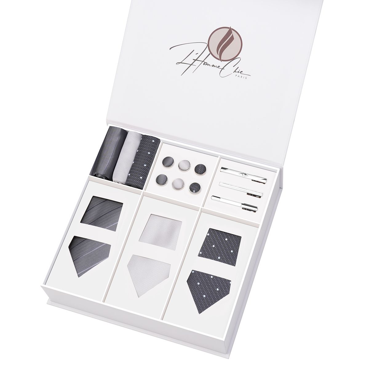 Set-Cravate-en-Lot-Grise-Uni-Rayure-et-a-Pois-l-homme-chic-paris