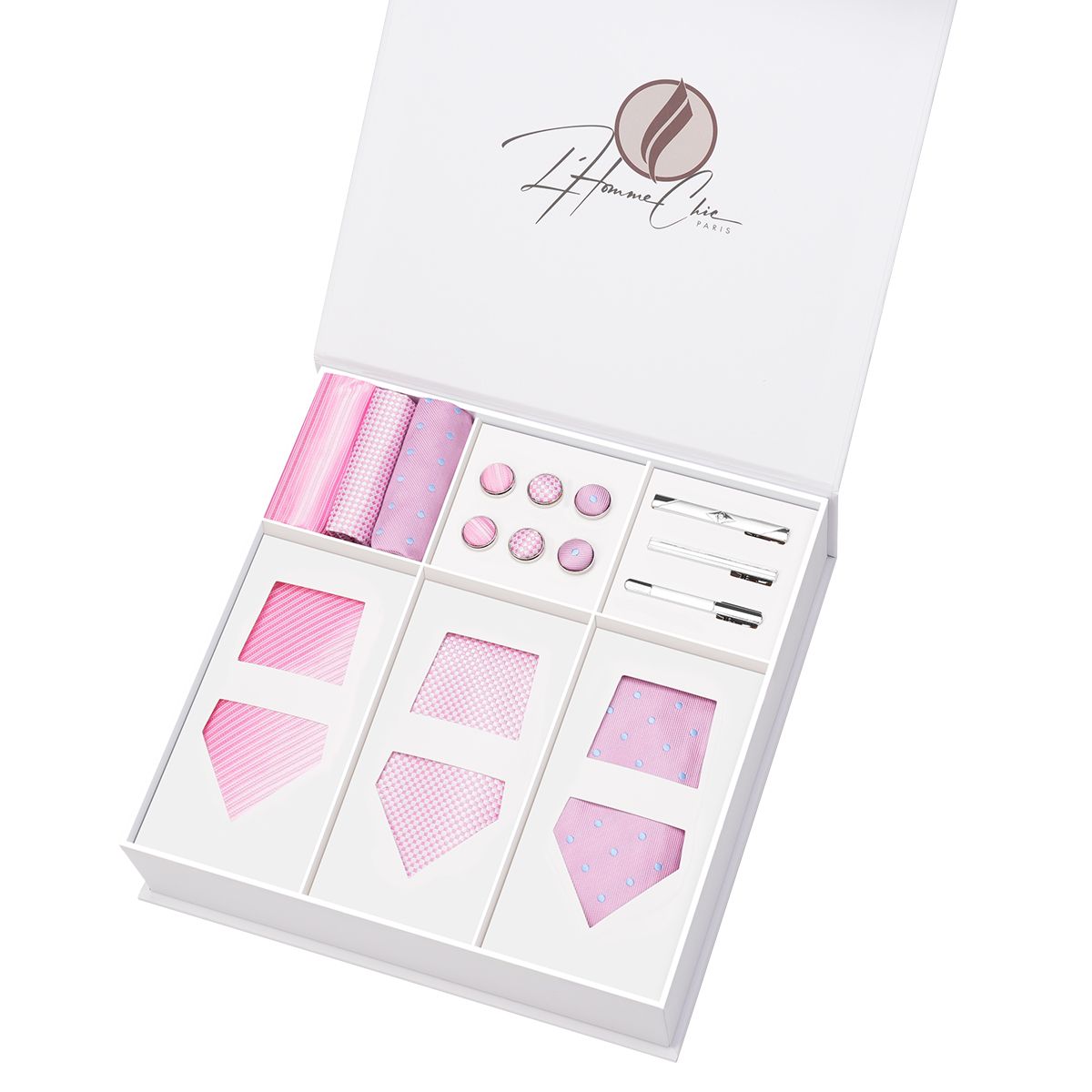 Set-Cravate-en-Lot-Rose-Uni-Rayure-et-a-Pois-l-homme-chic-paris