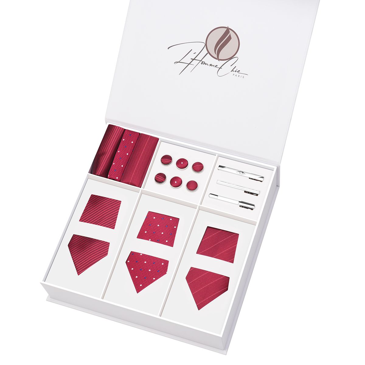 Set-Cravate-en-Lot-Rouge-Fonce-Uni-Rayure-et-a-Pois-l-homme-chic-paris